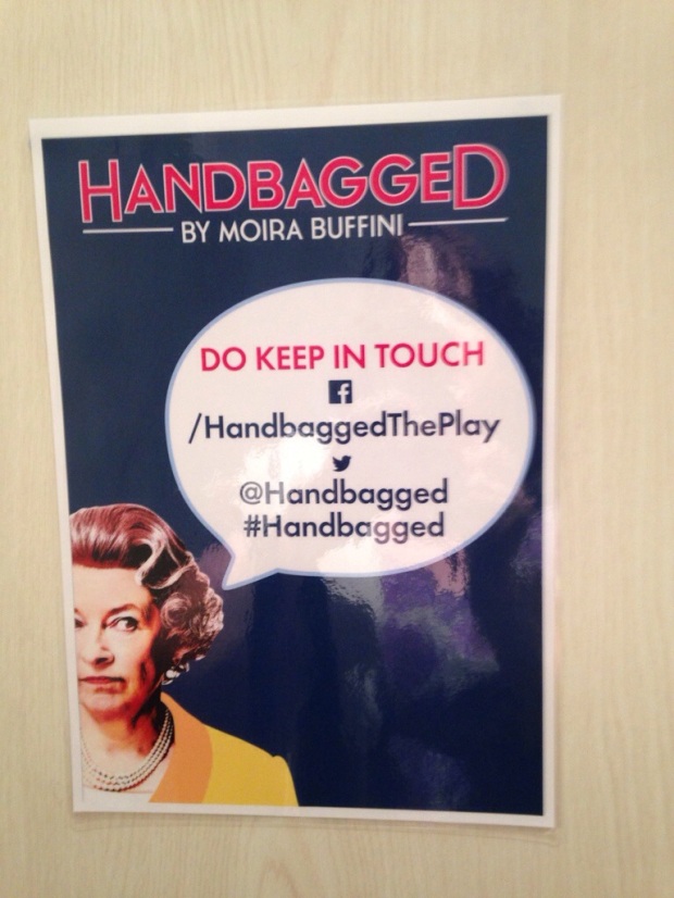 Poster for theatre production of Handbagged listing social media sites and hashtag